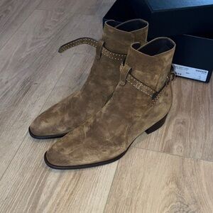 Saint Laurent Tan Suede Studded Boots